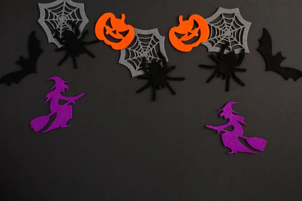 Bakgrund Till Halloween Dekorativa Spindlar Pumpor Spindelnät Och Fladdermöss Svart — Stockfoto