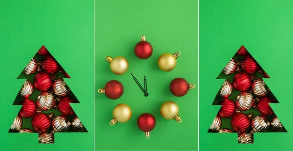 Karácsonyi Kollázs Karácsonyfa Kivágott Zöld Háttér Óra Piros Arany Golyókat — Stock Fotó