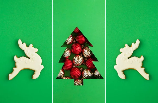 Karácsonyi Kollázs Karácsonyfa Kivágott Zöld Háttér Mézeskalács Formájában Fehér Szarvas — Stock Fotó