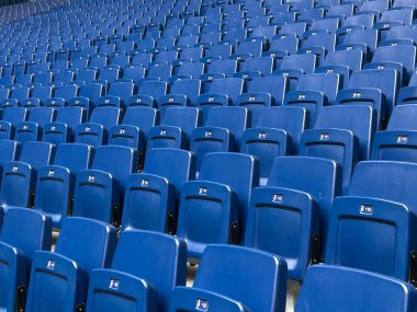 Bernabeu Stadyumu 'ndaki mavi koltuklara bakın. Şablon. Madrid mi? İspanya.