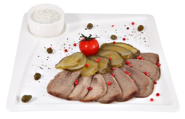 Cut thin slices of boiled beef tongue with horseradish, isolated clipart