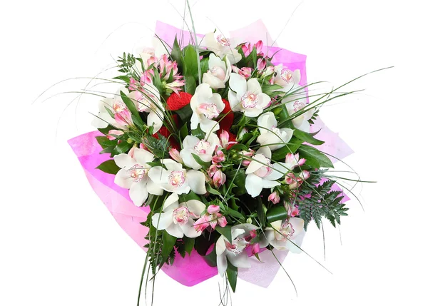 Kwiatów układ, bukiet kwiatów na białym tle biały storczyki. — Zdjęcie stockowe