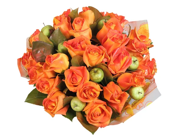 Arreglo floral, ramo floral con rosas naranjas y manzanas verdes — Foto de Stock