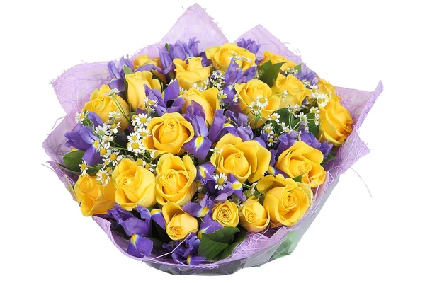 Design bouquet of yellow roses and blue orchid, on white. — Stock Photo, Image