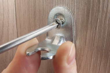 Vida olmak berbat içinde ahşap phillips tornavida yakın çekim kullanarak mobilya. 