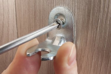 Screw Being Screwed In Wooden Furniture using phillips screwdriver close-up.  clipart