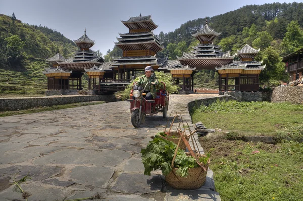 Chinese farmer carries grass on cargo scooter, near roofed bridge. — Stock Photo, Image