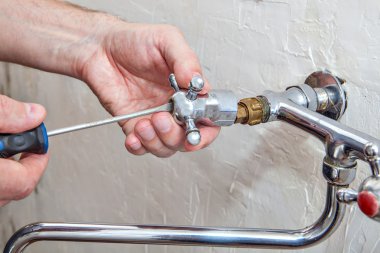 Plumbing repair, plumber unscrews handle kitchen faucet using handle screwdriver. clipart