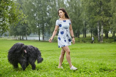 Kadın açık havada Briard 'la yürüyor..