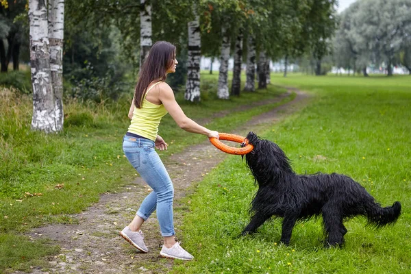 Ung kvinnlig ägare tränar svart tegelsten med leksak i offentlig park. — Stockfoto