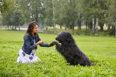 Siyah köpek açık havada beyaz kadına patisini veriyor..