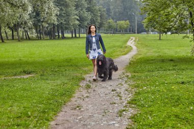 Genç bir kadın yazın halk parkında siyah Briard 'la yürüyor. Beyaz kadın, uzun saçlı köpek açık havada..