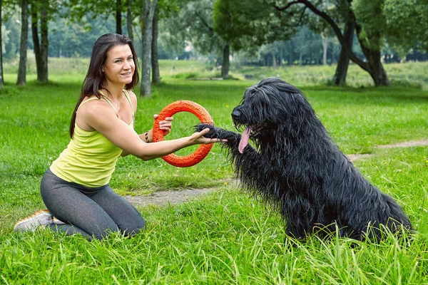 Fekete Briard Mancsot Mosolygó Női Tulajdonosának Miközben Sétál Parkban Fiatal — Stock Fotó