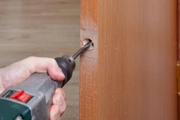 Carpenter Uses Flat Bit Shank Drill Wood Drilling Handle Hole — Stock Photo, Image