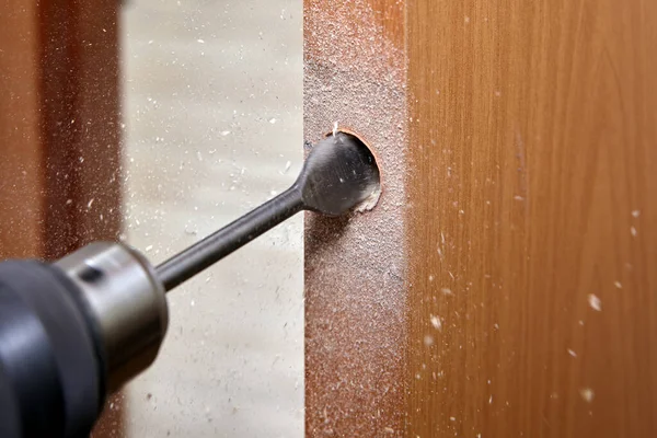 Locksmith Uses Flat Spade Bit Wood Drill Handle Hole Lock — Stock Photo, Image