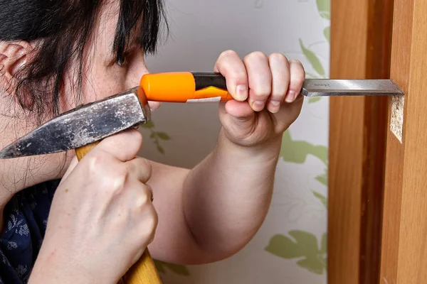 Carpenter Chisels Front Latch Recessed Wood — Stock Photo, Image