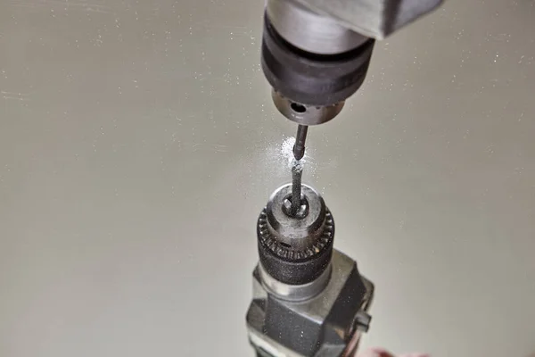 Locksmith Uses Flat Drill Bit Glass Drilling Holes Mirror — Stock Photo, Image