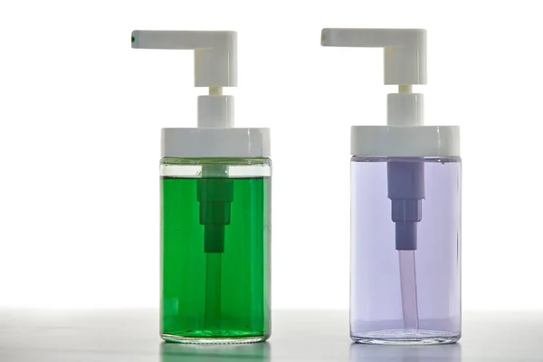 Jabón Líquido Detergente Lavavajillas Frascos Plástico Transparentes Con Dispensador Sobre — Foto de Stock