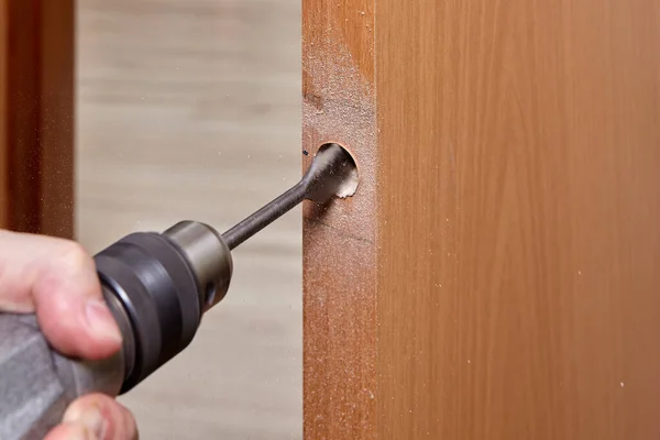 Cerrajería Utilizar Broca Plana Madera Perforar Agujero Para Pestillo — Foto de Stock