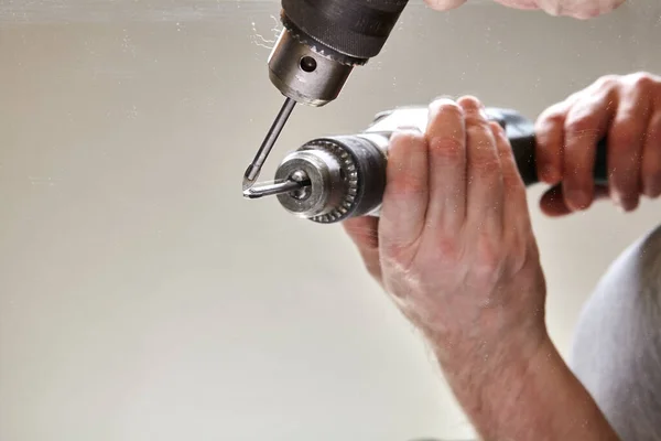 Worker Drills Hole Surface Mirror Using Glass Drill Bit — Stock Photo, Image