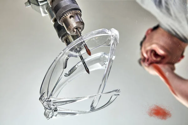 Worker Sustained Work Injury While Drilling Hole Surface Mirror Industrial — Stock Photo, Image