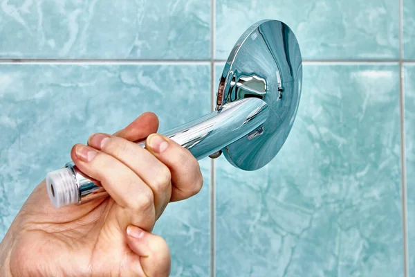 Modern Plastic Flat Shower Head Installation Replace Old One — Stock Photo, Image