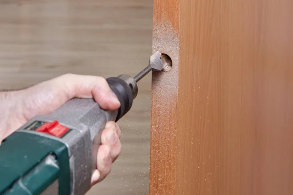 Drill hole for Latch on new inner door. — Stock Photo, Image