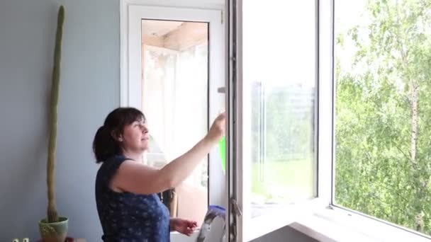 Fensterscheiben putzen in einer Wohnung, reife Europäerin sprüht Putzmittel. — Stockvideo