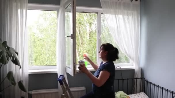 Fenster im Zimmer waschen, Frau sprüht Waschmittel auf Glas und wischt es mit Serviette ab. — Stockvideo