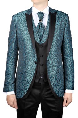 Turquoise mens suit with floral pattern, for wedding or prom clipart