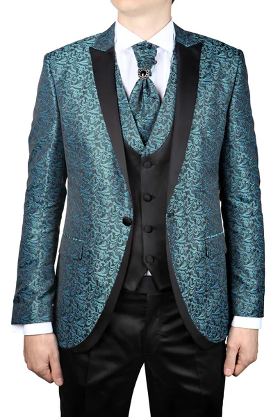 Turquoise mens suit with floral pattern, for wedding or prom — Stock Photo, Image