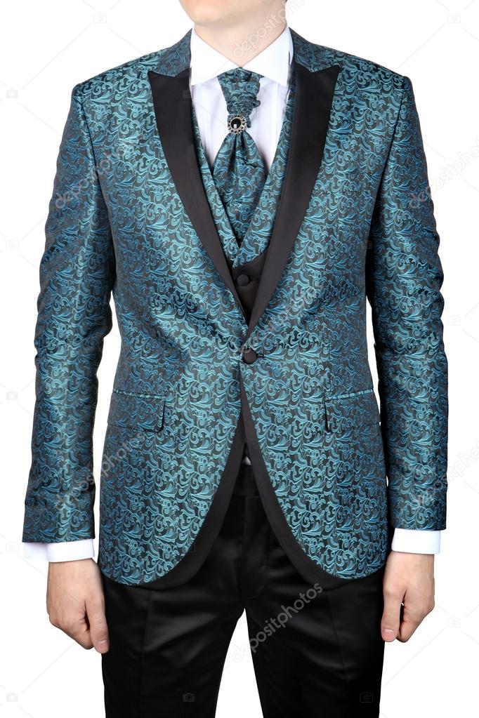 Mens suit with floristic pattern, wedding attire, isolated on wh