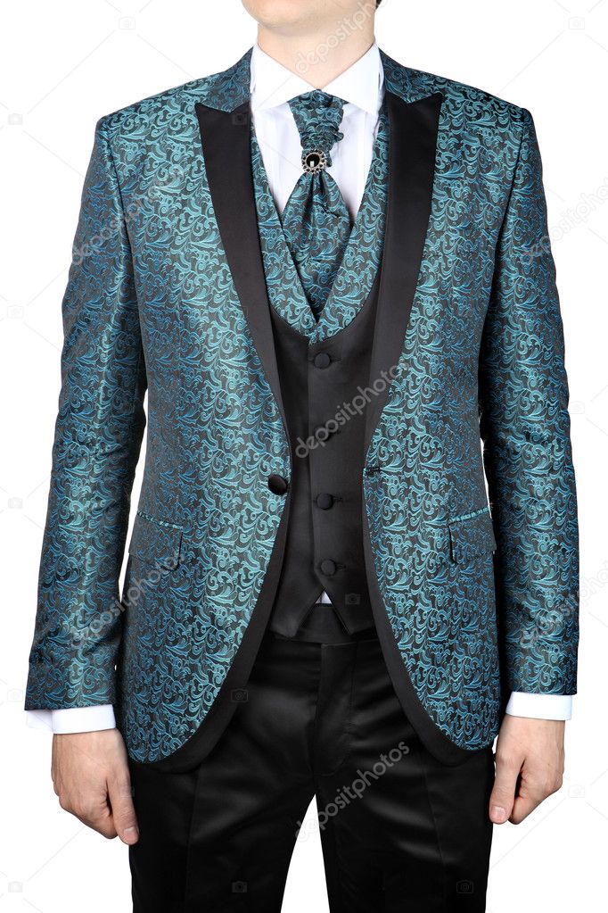 Turquoise mens suit with floral pattern, for wedding or prom
