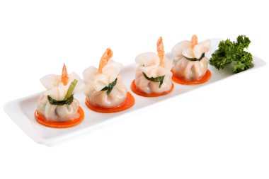 Hamur tatlısı yemek, Dim Sum kuyruk çanta karides, göl kenarında beyaz.