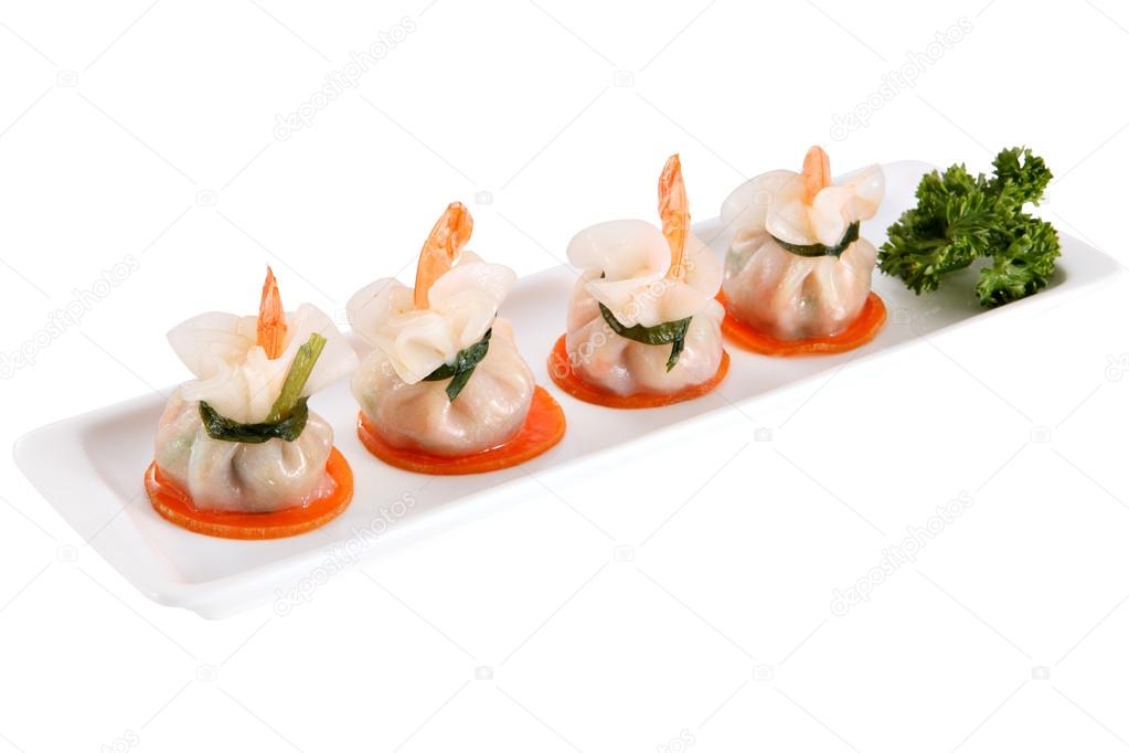 Dumpling dish, bag Dim Sum tail shrimp, Isolated on white.