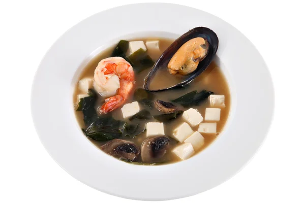 Chinese soup with mussels, mushrooms, diced cheese and shrimp. — Stock Image Chinese soup with mussels, mushrooms, diced cheese and shrimp. Stock Picture