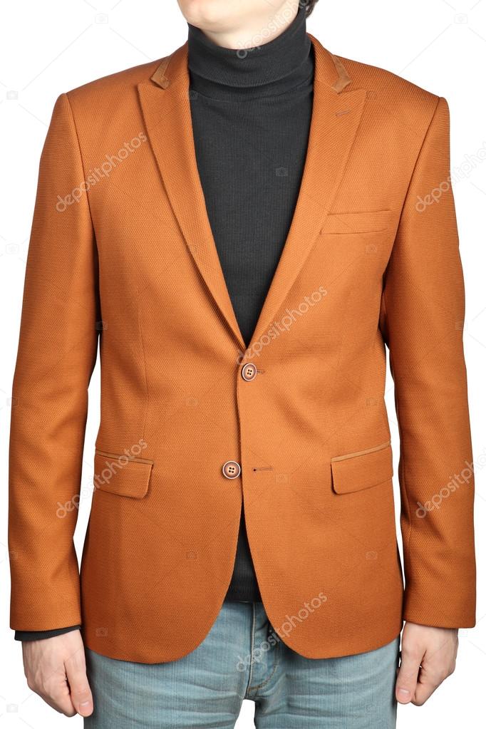 Brown mens suit jacket, male orange-brown blazer with patch. 