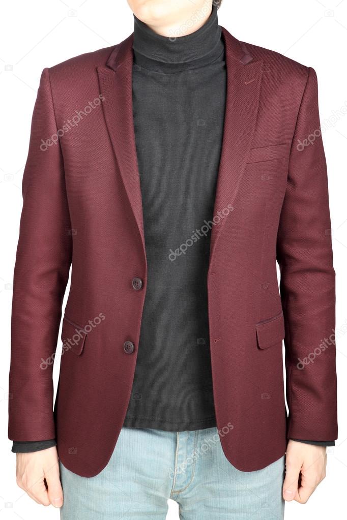Crimson mens blazer in combination with denim pants, on white.