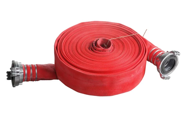 Rolled up red fire hose  extension soft pipe on white — Stock Photo, Image
