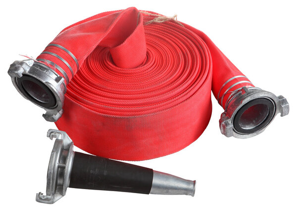 Red fire hose winder roll  roller, with coupler and nozzle.