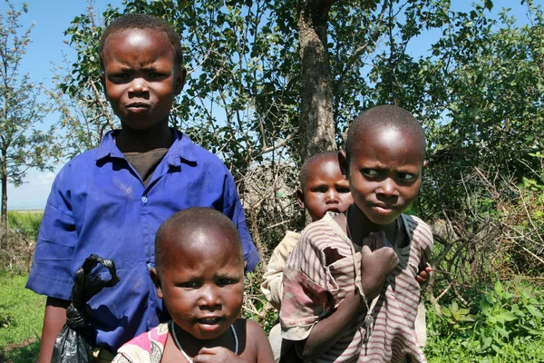 Groep Afrikaanse zwarte kinderen Maasai in lompen. — Stockfoto
