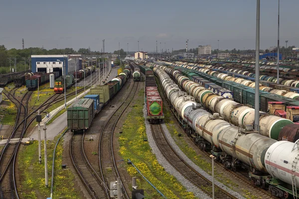 Estaleiro ferroviário com muitas linhas ferroviárias e trens de carga . — Fotografia de Stock