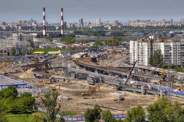 Construction of viaduct junctions, top view, Saint Petersburg, Russia.