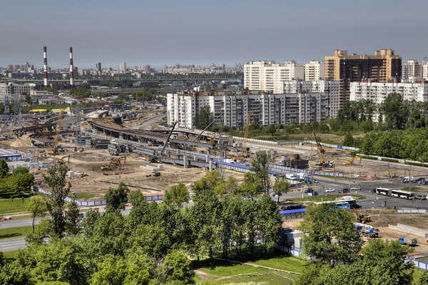 Building of transport interchange at crossing Highway and prospect, Saint Petersburg, Russia.