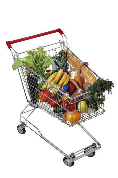 Filled foodstuffs shopping cart isolated on white background, no body