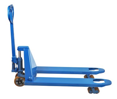 Warehouse equipment, blue Used Pallet Truck isolated on white background