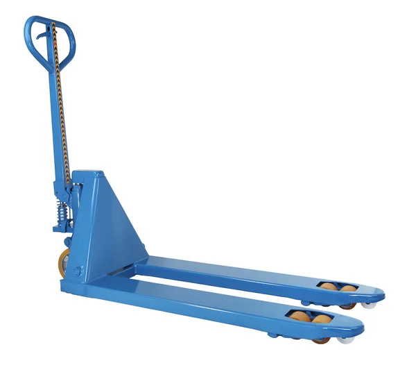 Blue hydraulic manual hand pallet truck stacker, forklift trolley — Stock Photo, Image