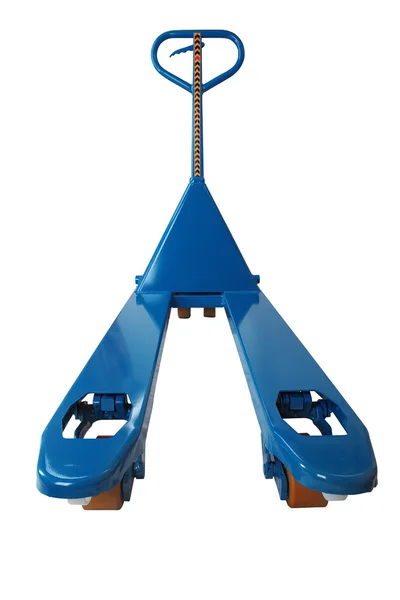 Blå manuell gaffeltruck hydrauliska gåvagn — Stockfoto