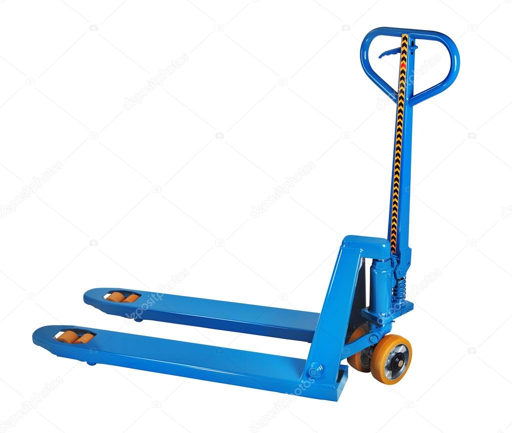 Blue fork hand pallet truck, isolated on white background.
