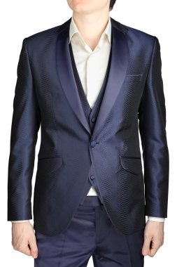 Navy blue mens wedding dress, groom attire, blazer, vest.